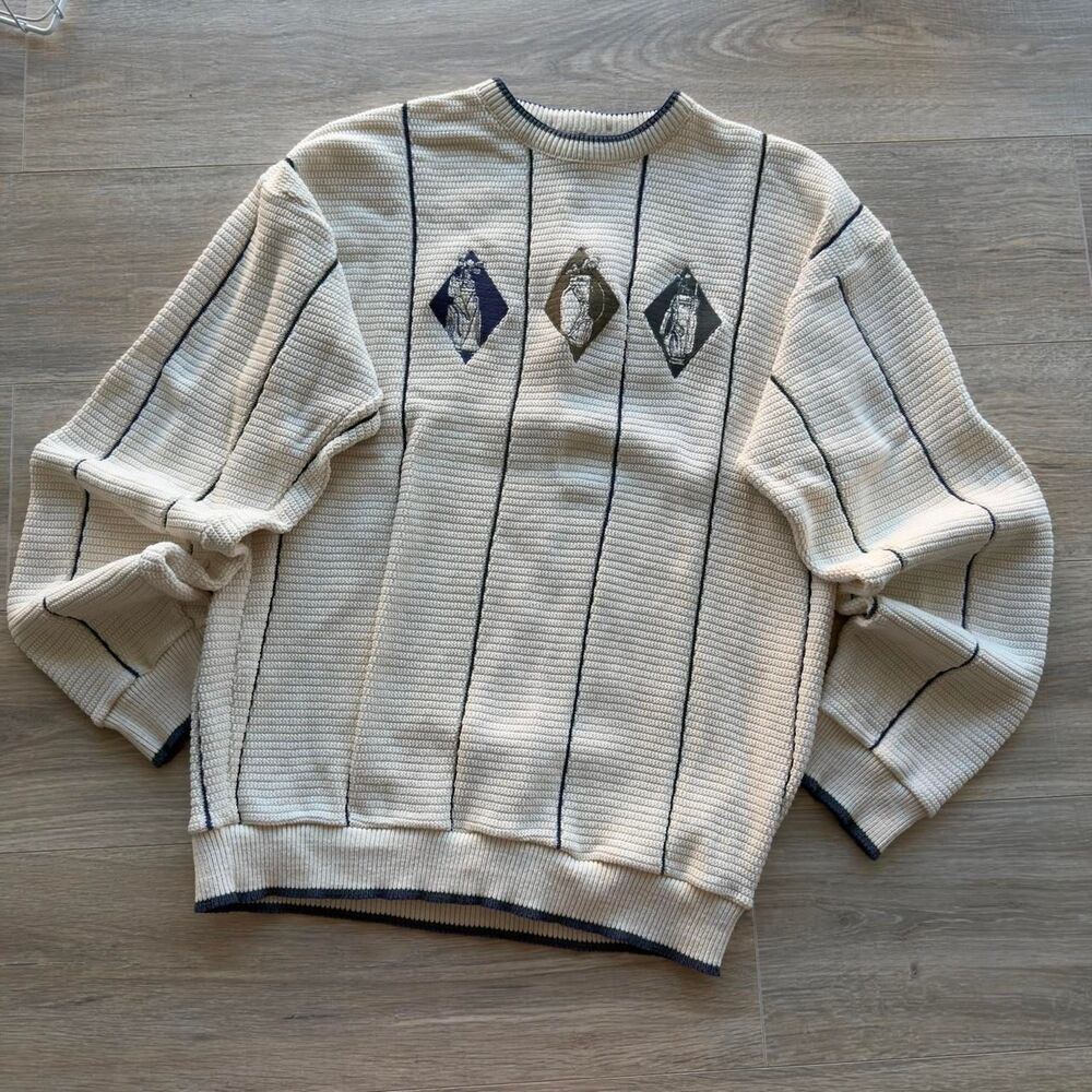Fairway Sport Men's Medium Cream & Blue Golf Sweater Preppy Old Money Vintage